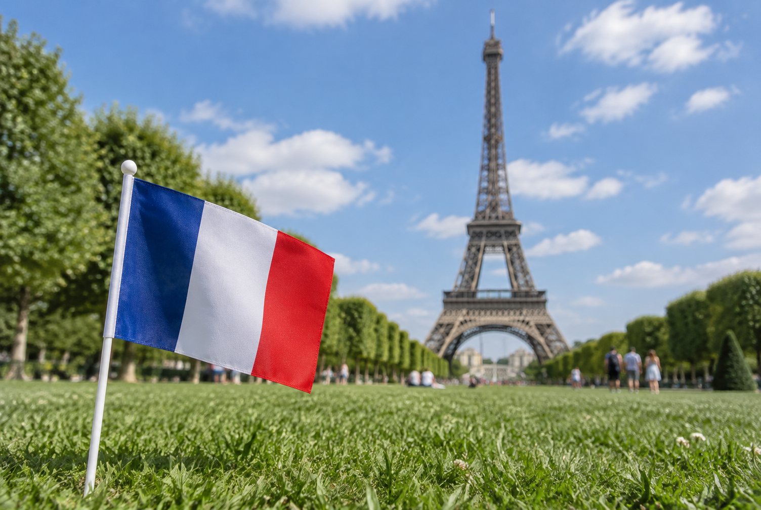 Französische Flagge vor dem Eiffelturm in Paris